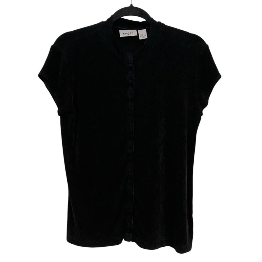 Chico's Travelers Black Snap Button Slinky Cardigan‎ Preppy Office Top Stretchy